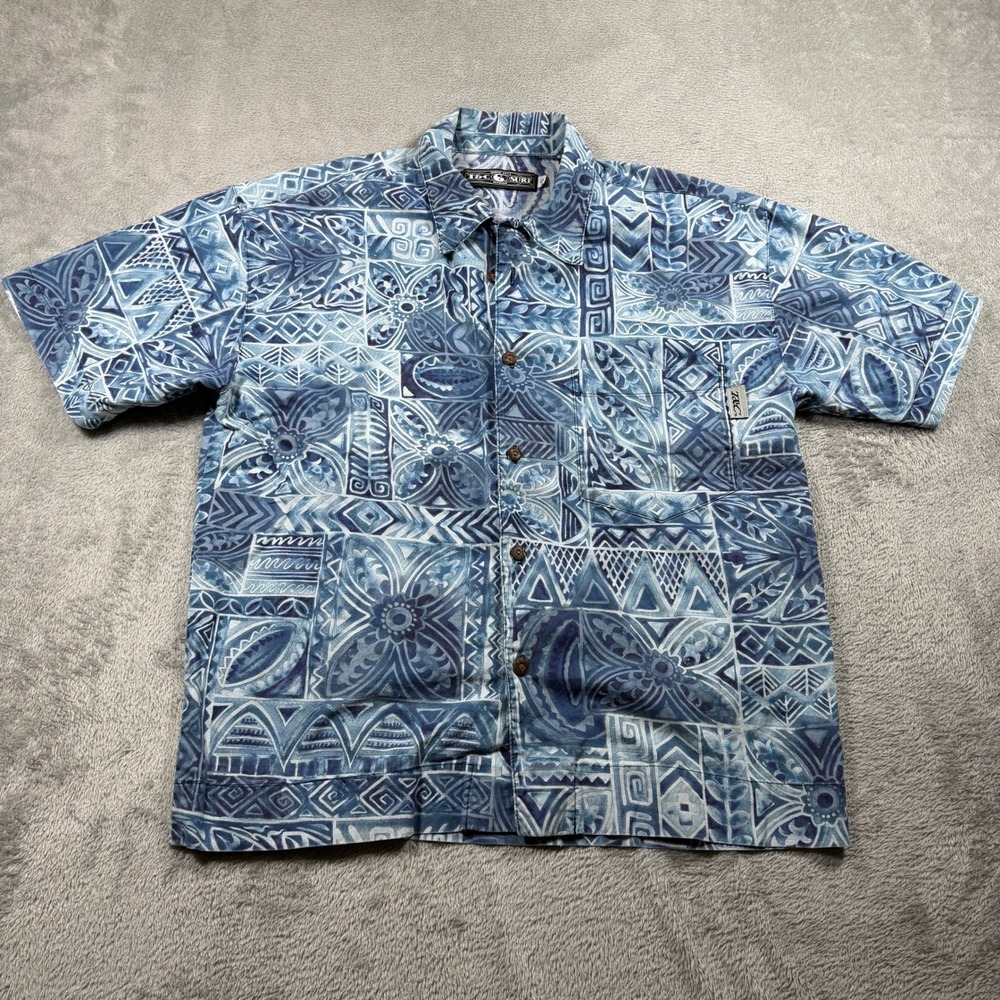 Vintage T&C Surf Hawaii Button Up Shirt Mens Small Blue Tribal Hawaiian Aloha